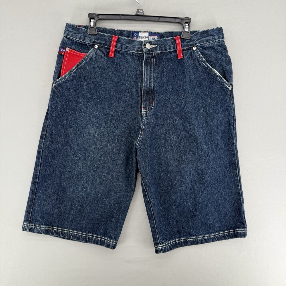 Vintage COOGI Down Under Blue Mens 34 Y2K Blue Denim Jean Shorts Red Accents